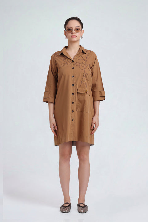 Cami camel cotton shirt dress for women with tortoiseshell buttons and dark-brown botanical stitching, full-length front view