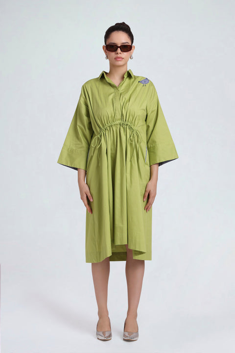 Chirp lime-green cotton midi dress for women with gingham bird embroidery and drawstring waist, full-length front view