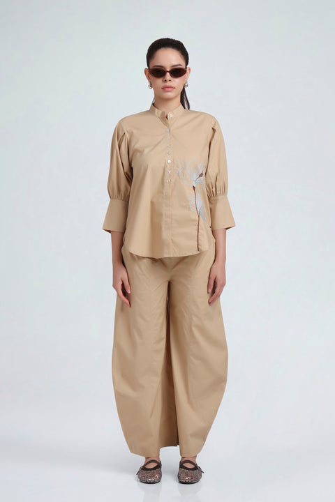 Zane sand-beige cotton co-ord set for women, full-length front view with floral embroidery and barrel-leg trousers