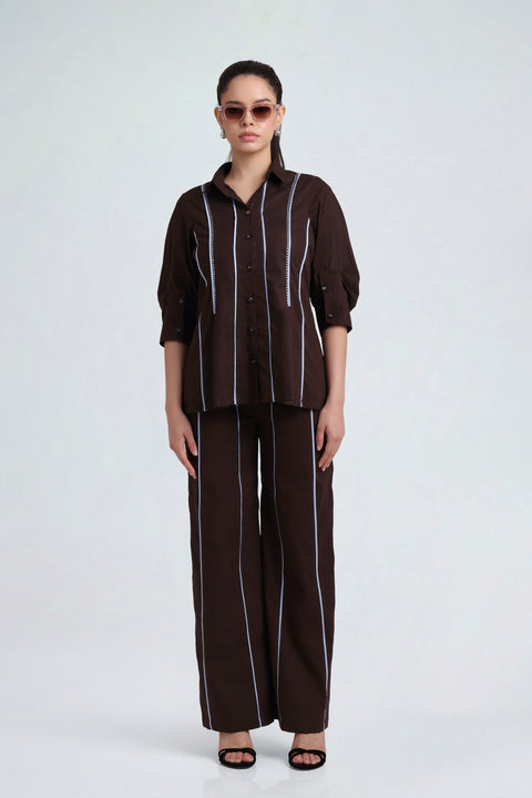 Moka chocolate-brown cotton co-ord set for women with sky-blue pinstripe piping, full-length front view