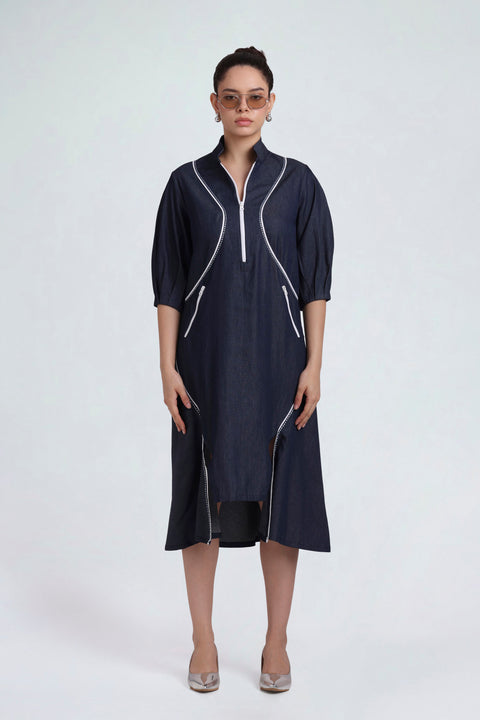 Roxy navy denim midi dress for women with half-zip front, white piping and gathered 3/4 sleeves, full-length front view