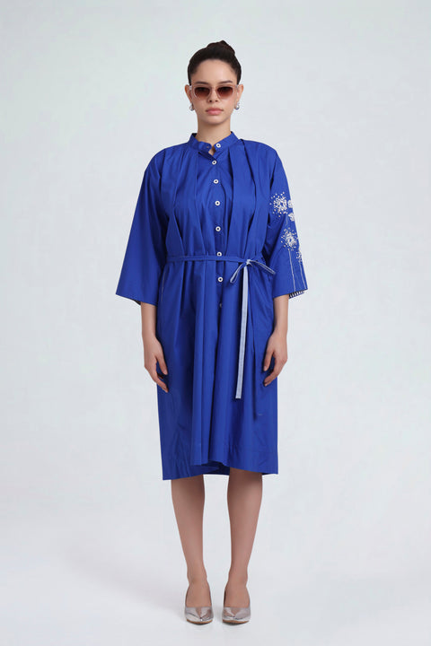 Zephyr cobalt-blue cotton midi dress for women with dandelion sleeve embroidery and tie belt, full-length front view