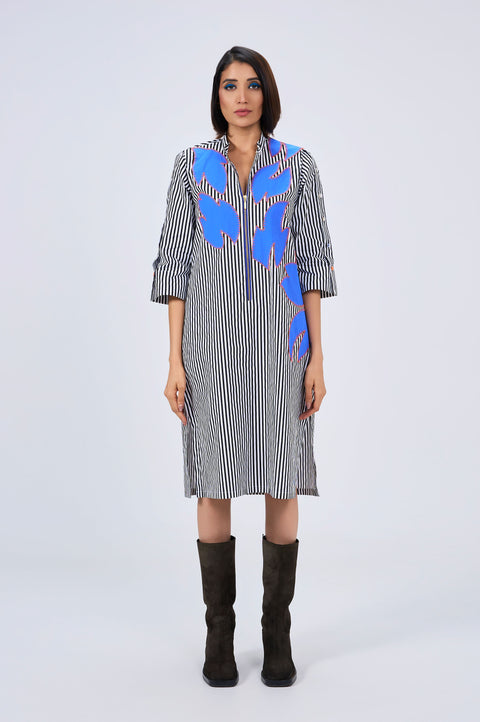 Noa black and white striped cotton dress for women with cobalt appliqué and zip front, front view