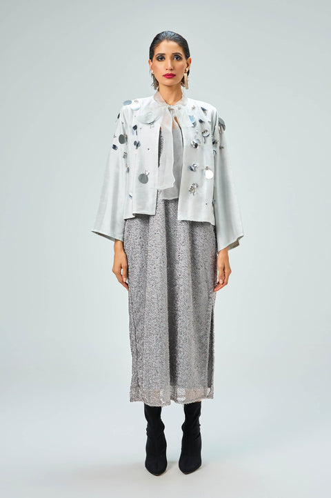 Moon silver-white jacket and grey sequin dress for women with bow-tie neck, full-length front view