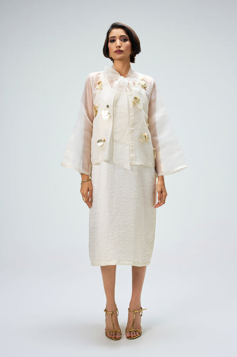 Maravéa ivory dress for women with sheer organza jacket, golden discs and pearls, full-length front view