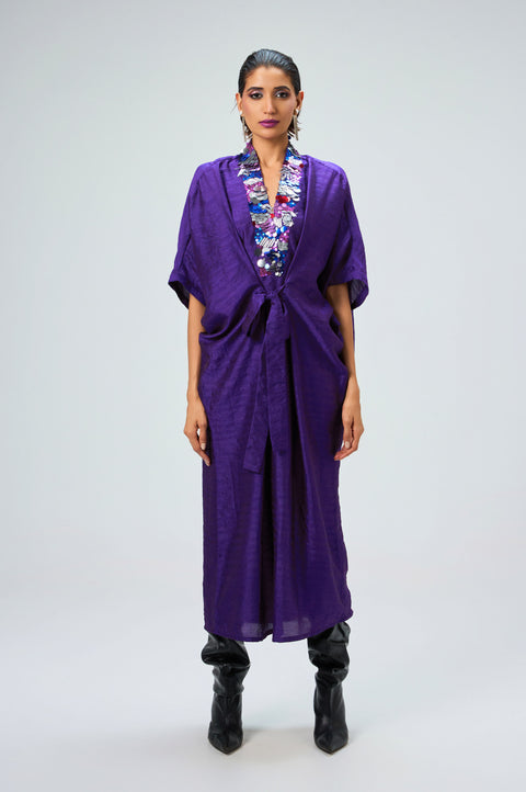 Orion violet dress for women with tie front and embellished sequin neckline, full-length front view