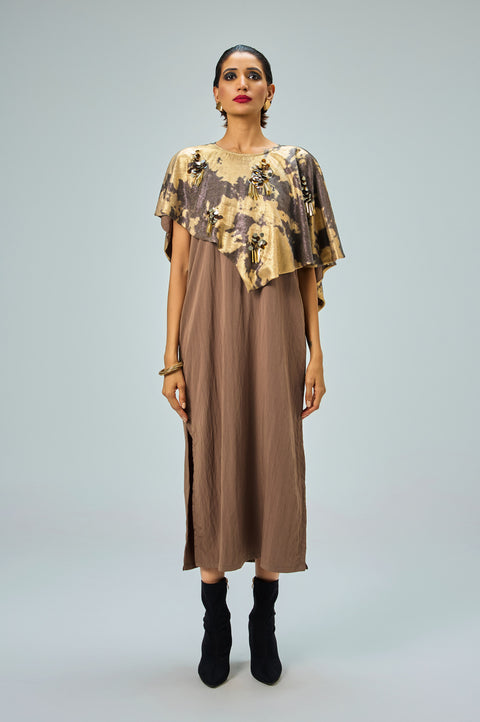 Solara gold abstract print cape and brown dress for women with sequin bursts, full-length front view