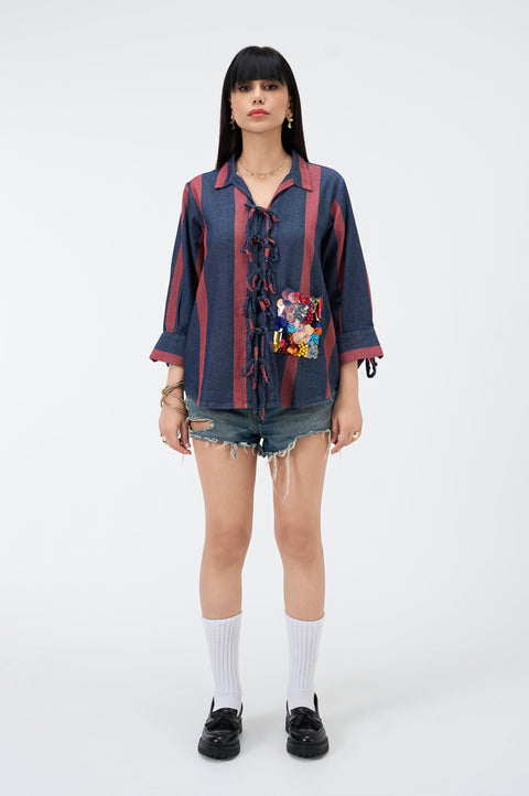 Pocket Rocket red and indigo striped denim shirt for women with front tie-up and sequin pocket, full-length front view