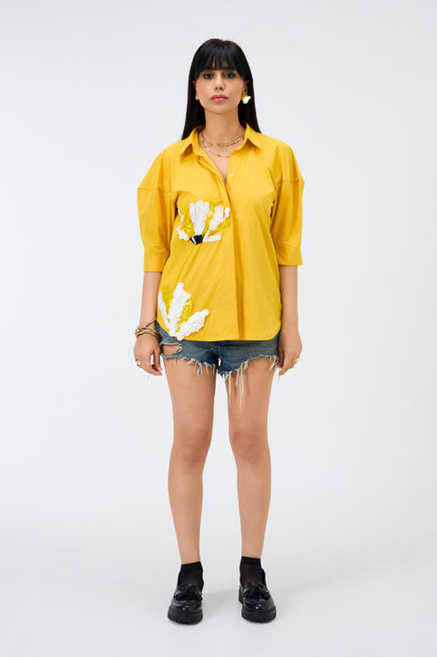 Yuzu bright yellow shirt for women with white sequin florals and balloon sleeves, front view