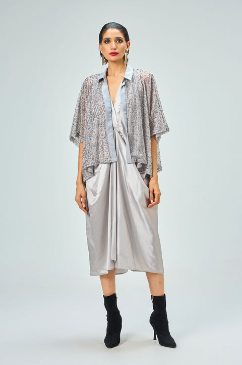 Selene silver dress for women with draped satin skirt and sequin net jacket, full-length front view