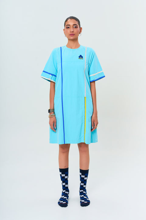 Tiffany aqua blue dress for women with contrast stitch lines, short sleeves and floral embroidery, front view