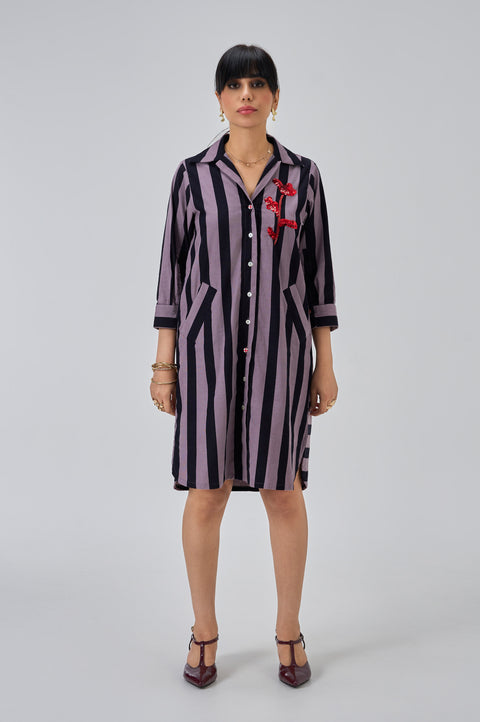 Stria wisteria and navy striped cotton corduroy shirt dress for women with red sequin florals, front view