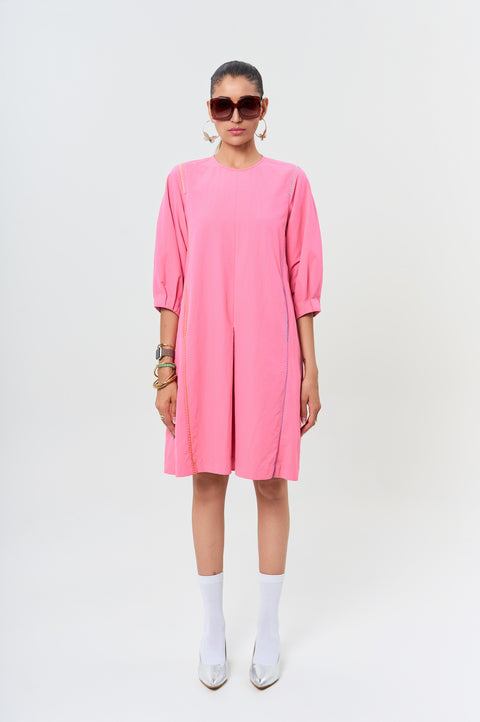 Zinnia pink A-line dress for women with voluminous sleeves, box pleat and iridescent back zipper, front view