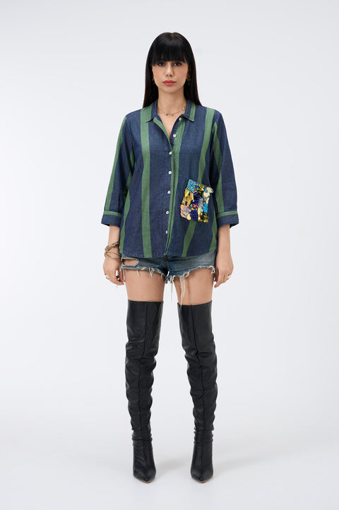 Interstellar striped denim shirt for women with sequin pocket, full-length front view with denim shorts and boots