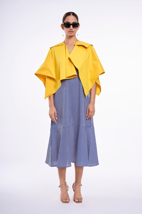 Dandelion yellow cape and blue striped sleeveless dress set for women, front view