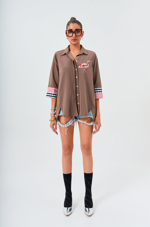 Fandango brown cotton shirt for women with flamingo embroidery and striped cuffs, full-length front view