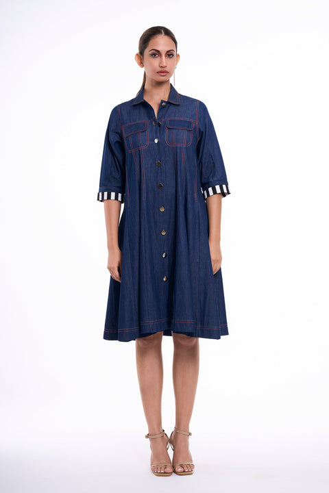 Nautica dark denim shirt dress for women with red topstitching and striped cuffs, front view