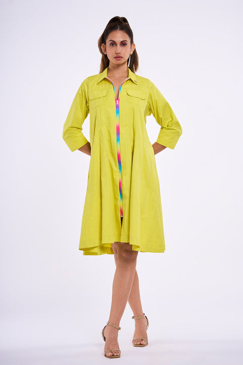 Limoncello lime yellow A-line shirt dress for women with rainbow zip and chest pockets, front view