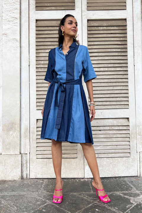 Sierra two-tone blue denim shirt dress for women with tie belt, front view