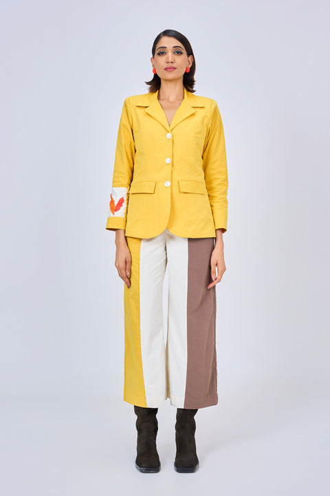 Post It yellow co-ord set for women with tailored blazer and colour-block pants in yellow, ivory and brown, front view