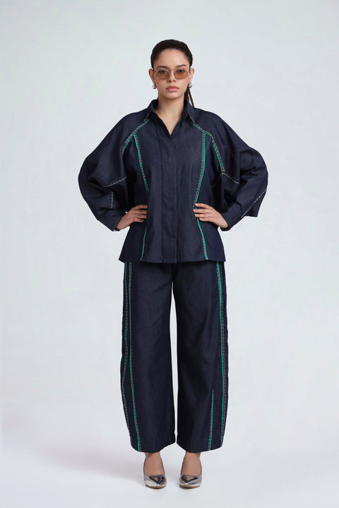 Knox navy denim co-ord set for women with emerald green and white piping, full-length front view