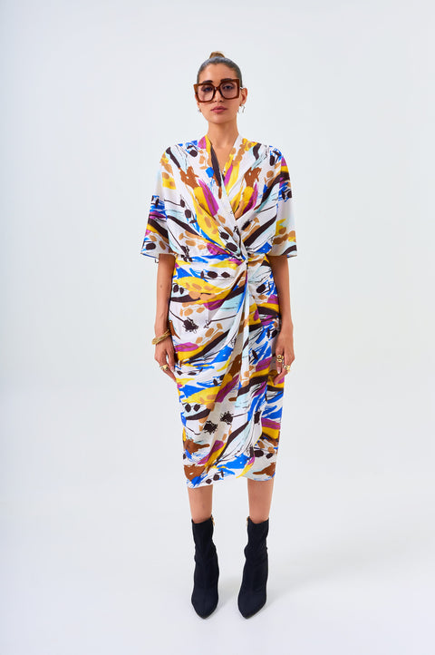 Graffiti draped midi dress for women with abstract multicolour brushstroke print and knot waist, front view