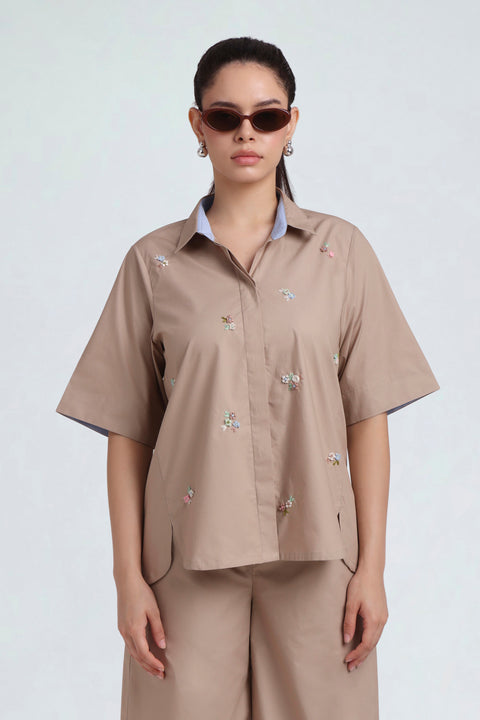 Clayflora sand-beige cotton co-ord set, upper-body front view with light-blue collar lining