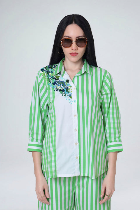 Fiora green striped cotton shirt for women with white contrast panel and sequin shoulder embroidery, front view