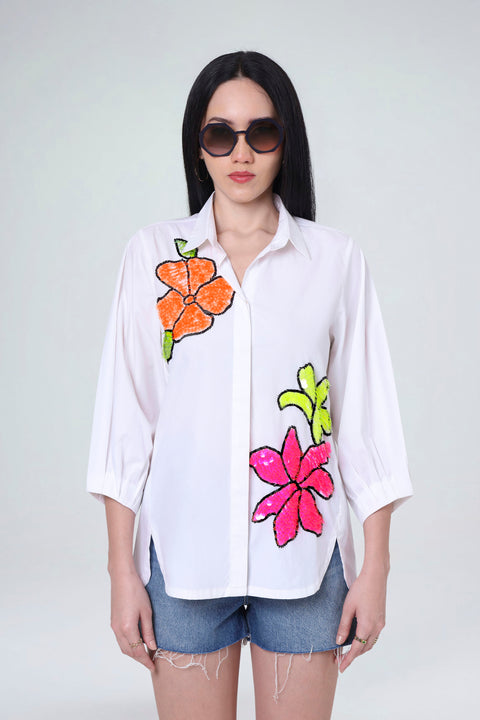 Riva white cotton shirt for women with colourful sequin flower embroidery and three-quarter sleeves, front view