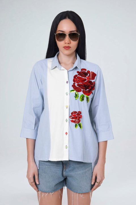 Rosa Mosa blue and white striped cotton shirt for women with red sequin flower embroidery and white front panel, front view