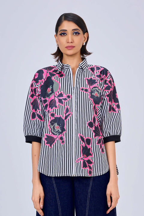 Salt & Pepper black and white striped shirt for women with pink floral appliqué, front view
