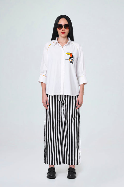 Toco white cotton co-ord set for women with toucan embroidery, full-length front view