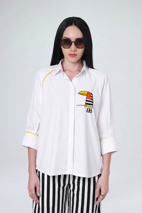 Toco white cotton shirt for women with toucan embroidery and contrast piping, front view