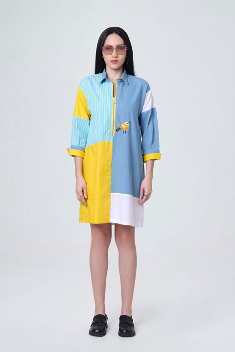 Tweety colour-block cotton shirt dress for women in denim blue, sky blue stripes and yellow with bird embroidery, front view